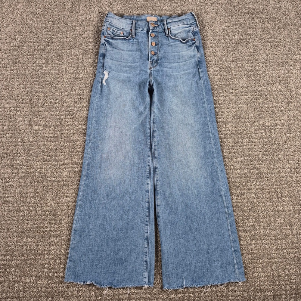Mother The Pixie Roller Ankle Fray Jeans Womens 25 Blue Lets Kick It Wide Leg